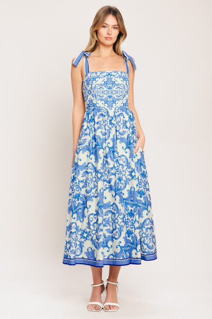 Azure Scroll Woven Midi Dress