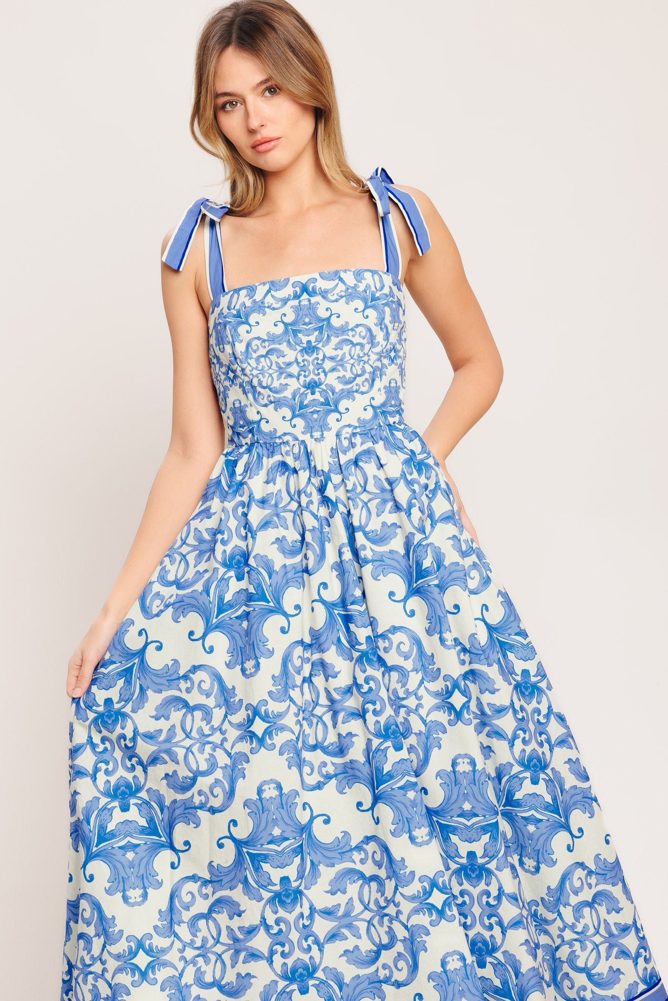 Azure Scroll Woven Midi Dress