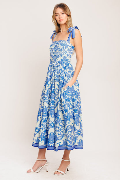 Azure Scroll Woven Midi Dress