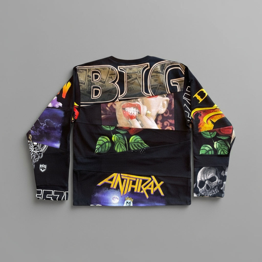 A long-sleeve black graphic sweatshirt laid flat against a neutral gray background, featuring 'BIG' in metallic letters across the chest, a central portrait print, green leaf graphics, 'ANTIFIRAX' in yellow on the lower front, and skull artwork on one sleeve.