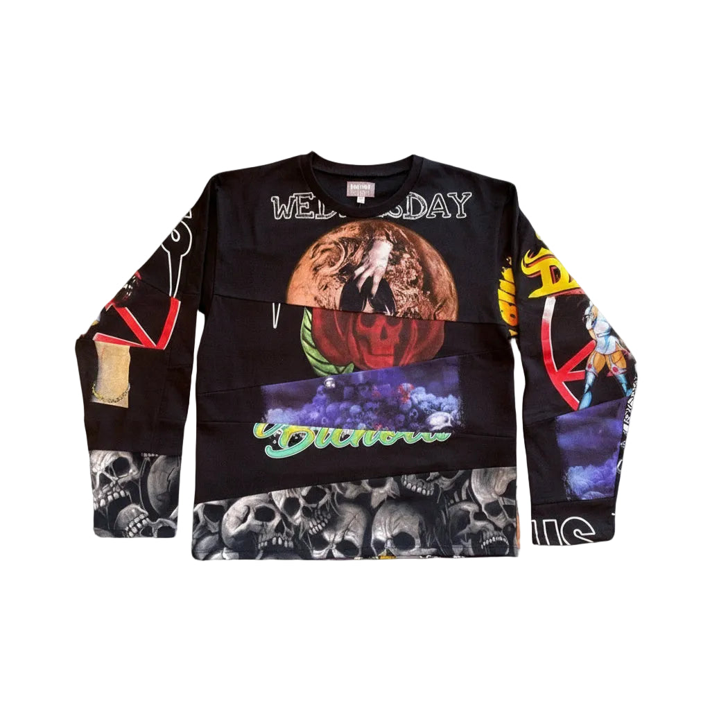 A black long-sleeve crewneck sweatshirt featuring a highly detailed, colorful graphic print with skulls, a pumpkin, and gothic text, laid flat on a textured gray background.