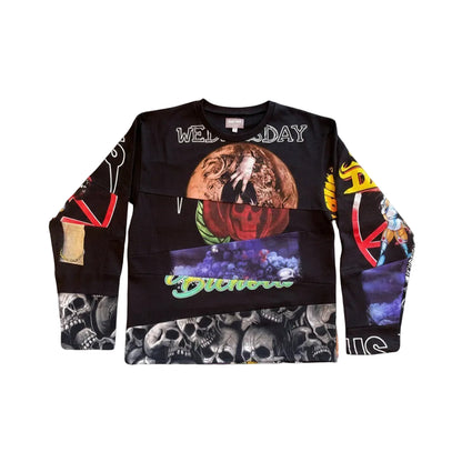 A black long-sleeve crewneck sweatshirt featuring a highly detailed, colorful graphic print with skulls, a pumpkin, and gothic text, laid flat on a textured gray background.