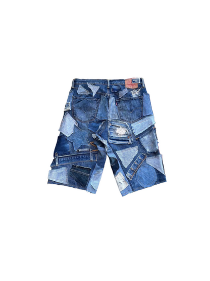 Abstract artwork with denim pieces on a colorful abstract background