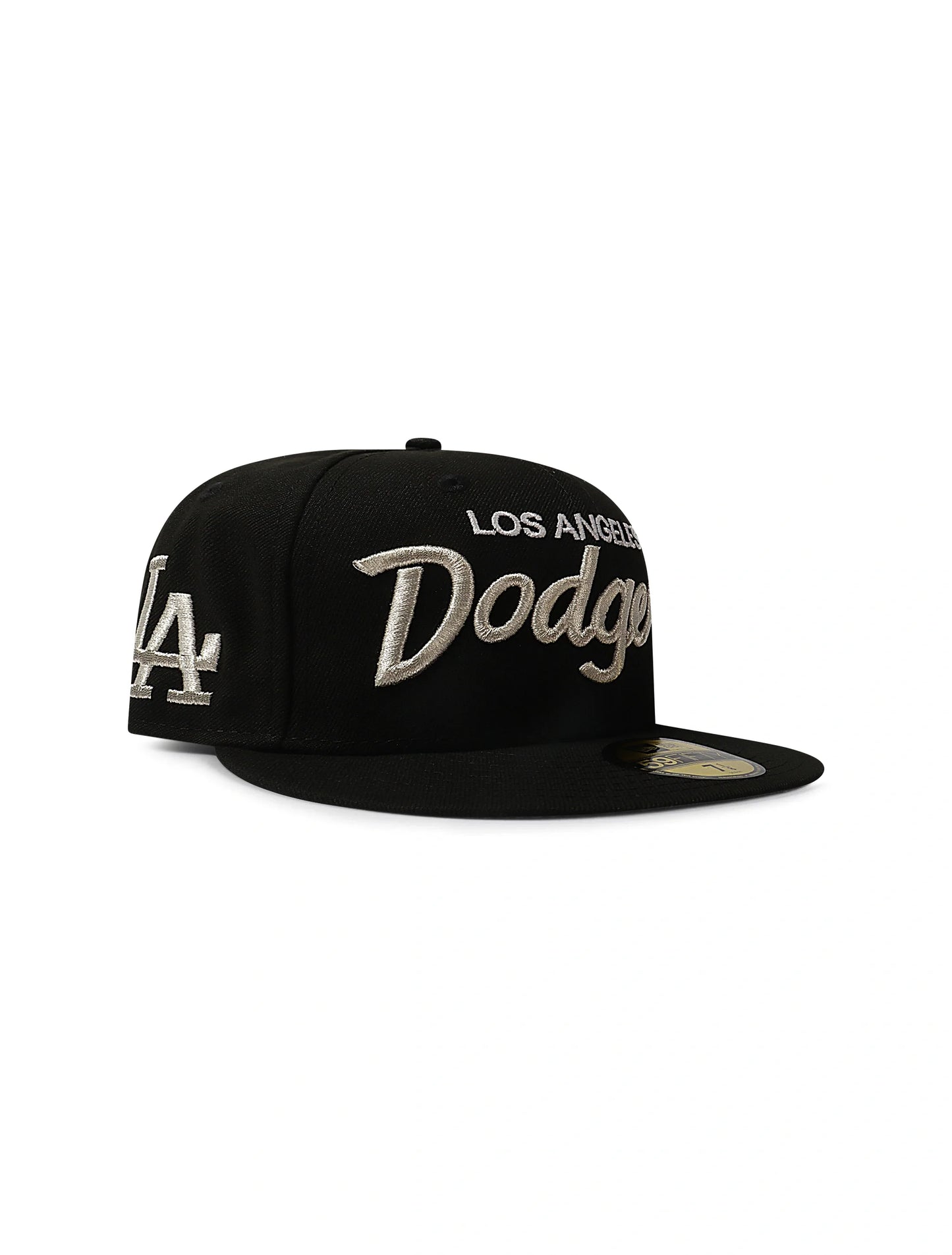 New Era 5950 Dodgers Side LA Metallic Script Hat | Black/Silver