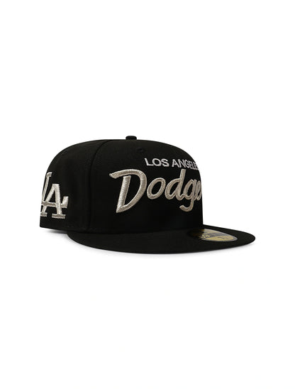 New Era 5950 Dodgers Side LA Metallic Script Hat | Black/Silver