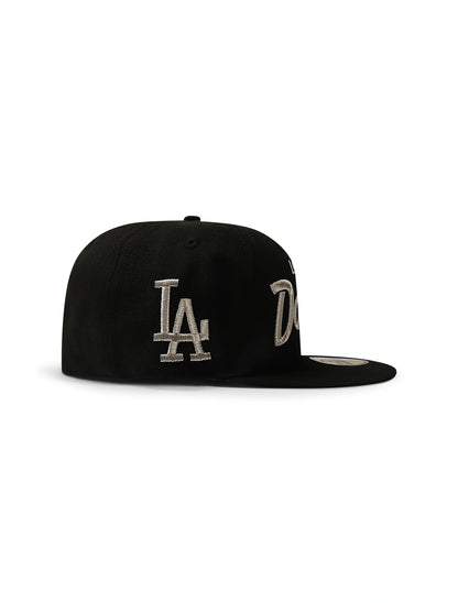 New Era 5950 Dodgers Side LA Metallic Script Hat | Black/Silver