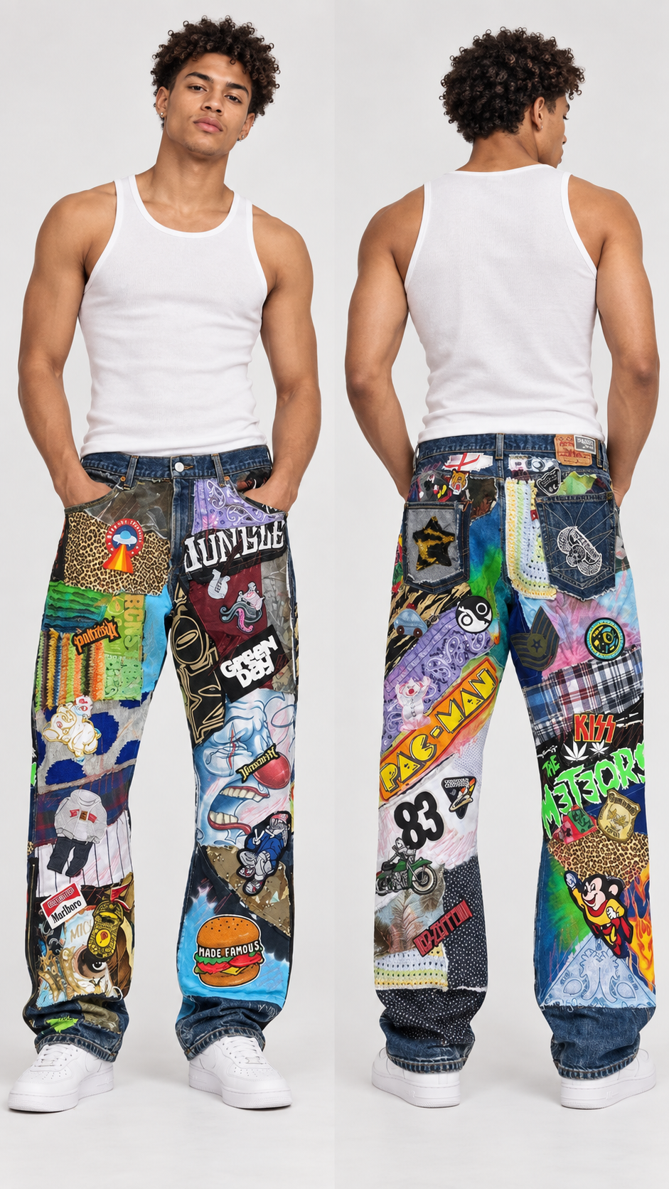 Two male models shown from front and back wearing oversized patchwork jeans covered in colorful graphic stickers, patches, and printed artwork, paired with white tank tops and white sneakers on a light gray studio background.