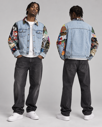 A model shown from the front and back wearing a light blue denim jacket with colorful patchwork sleeves, paired with dark gray jeans and white sneakers, against a neutral gray studio background.