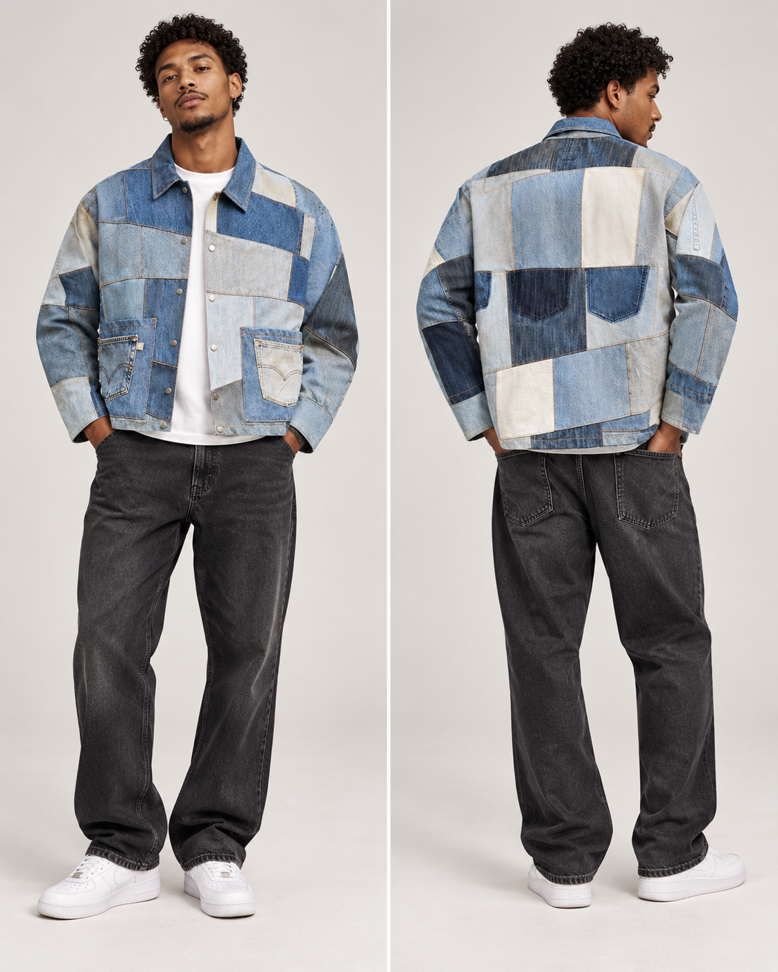 A man modeling a patchwork denim jacket in two views (front and back) against a light gray studio background. The jacket features a geometric patchwork design in various shades of blue, navy, and off-white.