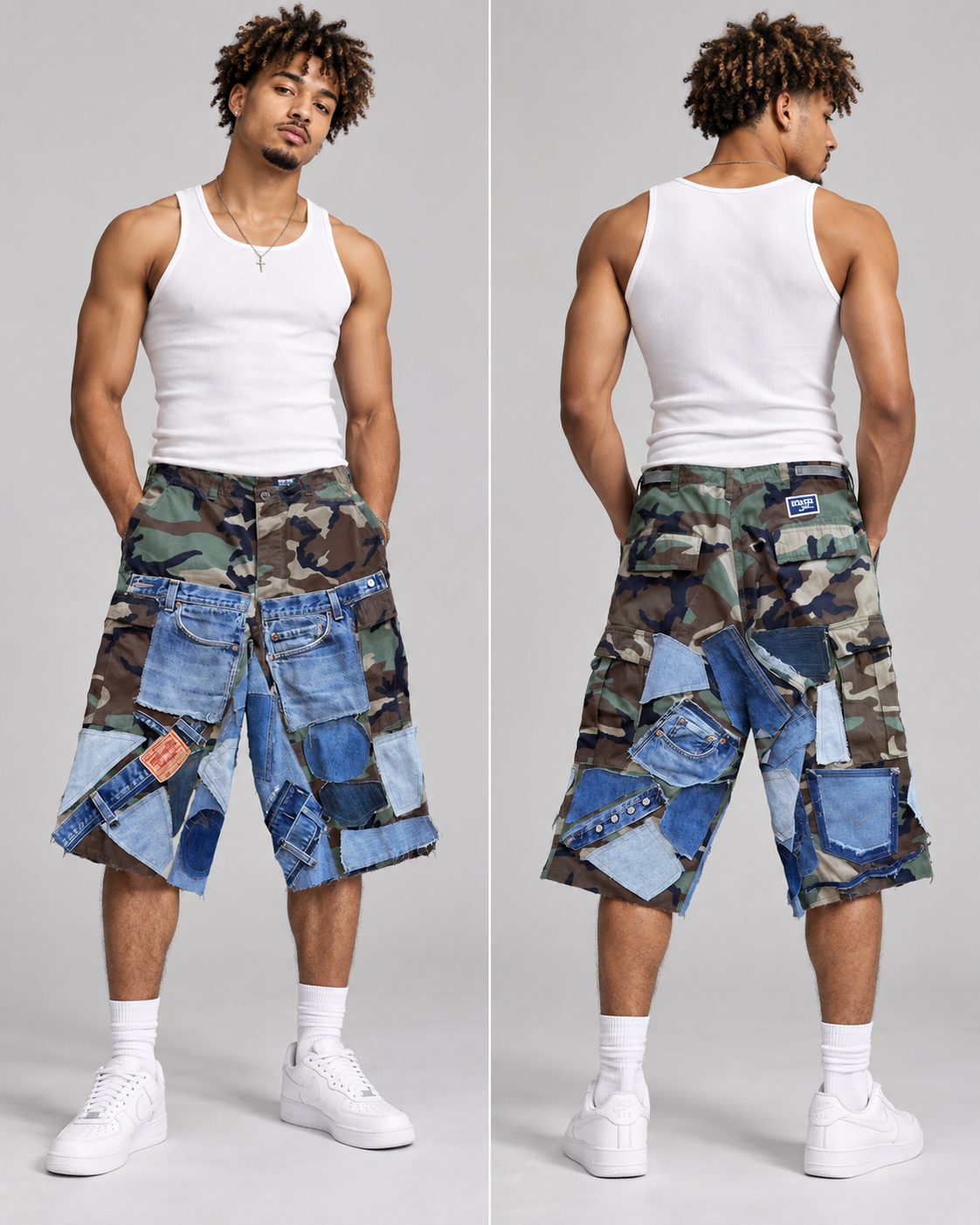 A model shown from the front and back wearing a white tank top and distinctive patchwork denim shorts with a camouflage waistband, against a light gray studio background.