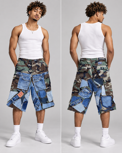 A model shown from the front and back wearing a white tank top and distinctive patchwork denim shorts with a camouflage waistband, against a light gray studio background.