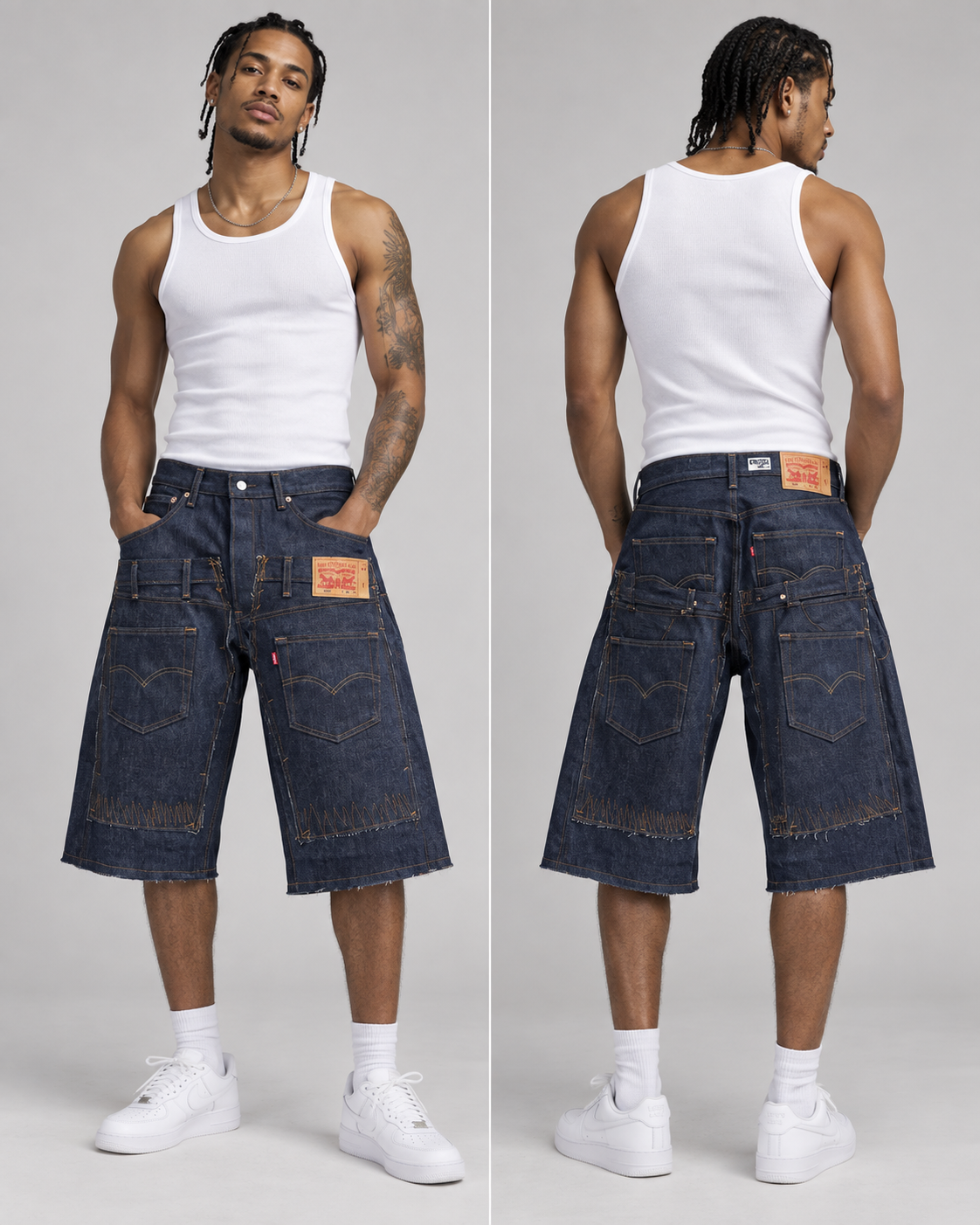 A model shown from the front and back wearing oversized dark blue denim shorts with a white tank top and white sneakers, against a light gray studio background.