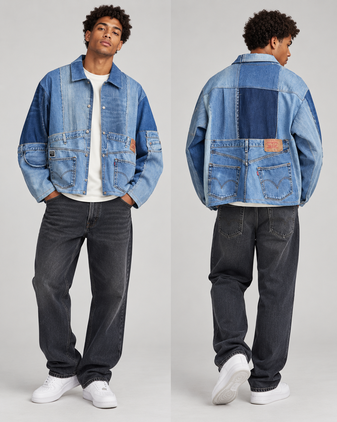 A male model shown from the front and back wearing a light blue patchwork denim jacket over a white t-shirt, paired with dark gray jeans and white sneakers, against a light gray studio background.