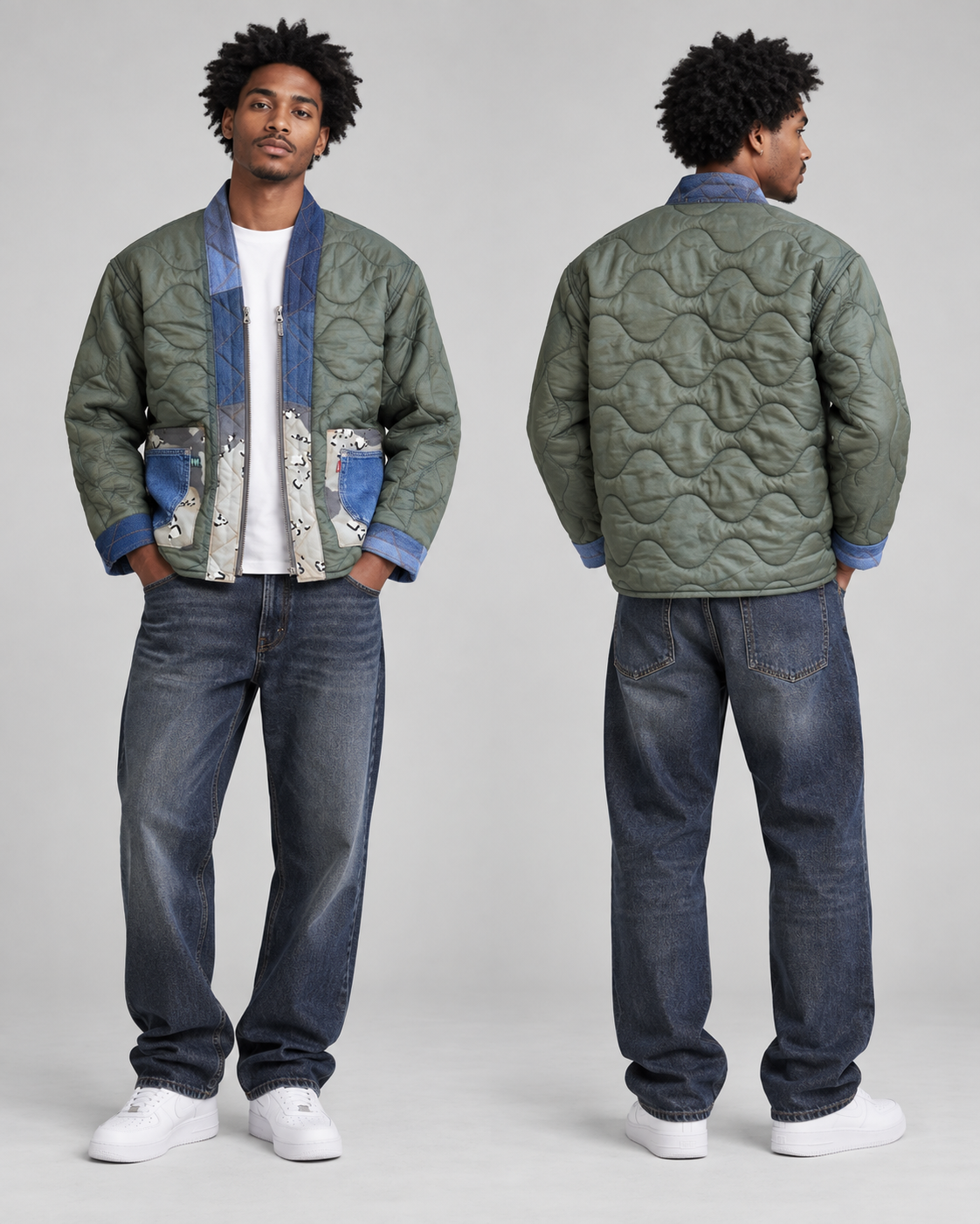 A model shown from the front and back wearing a quilted bomber jacket. The jacket is sage green with blue denim panels on the front pockets and cuffs, and a white patterned lining on the front.