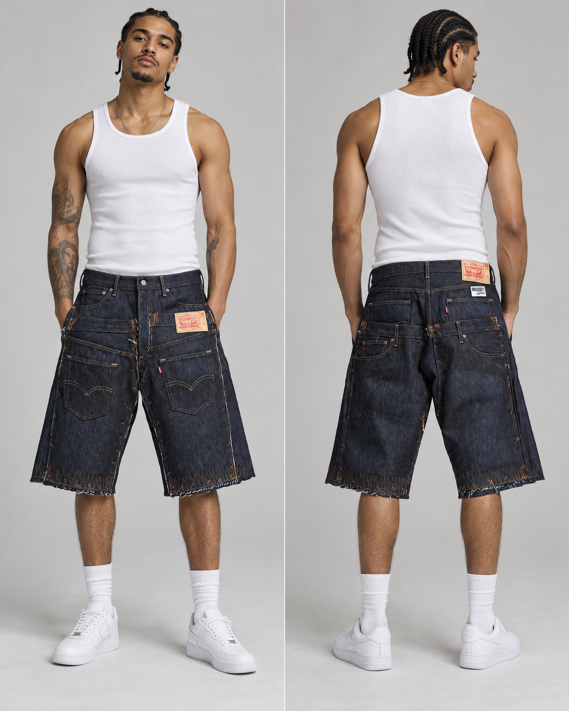 A split front and back view of a man modeling dark blue denim shorts with a white tank top and white sneakers against a light gray studio background.