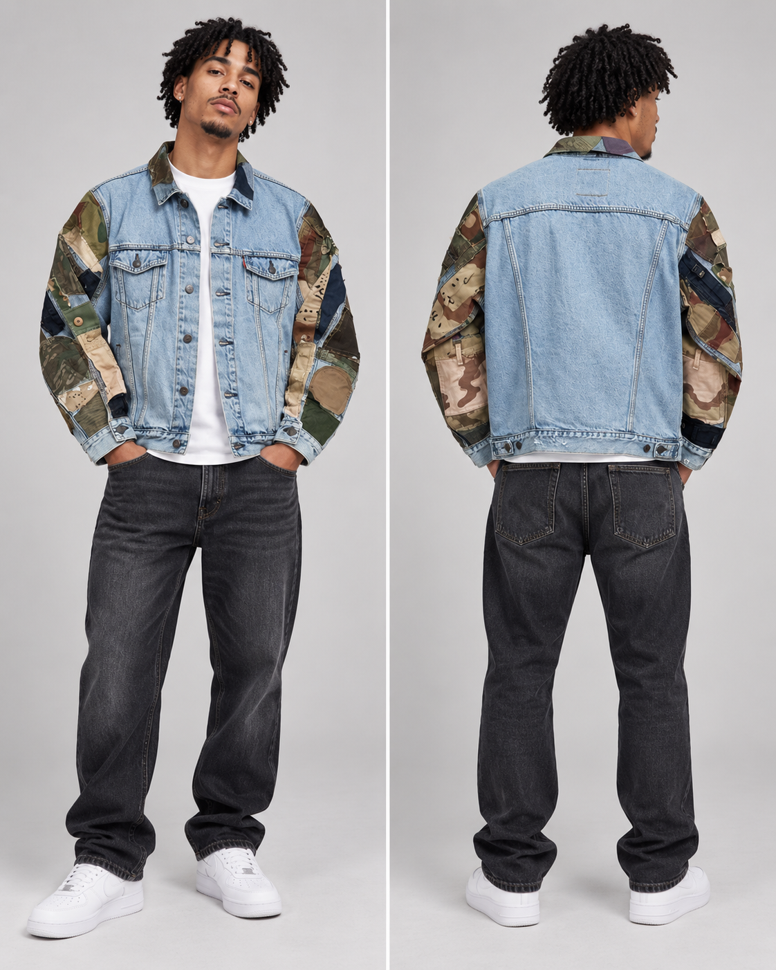 A model shown from the front and back wearing a light blue denim jacket with camouflage patterned sleeves, paired with dark gray jeans and white sneakers, against a light gray studio background.