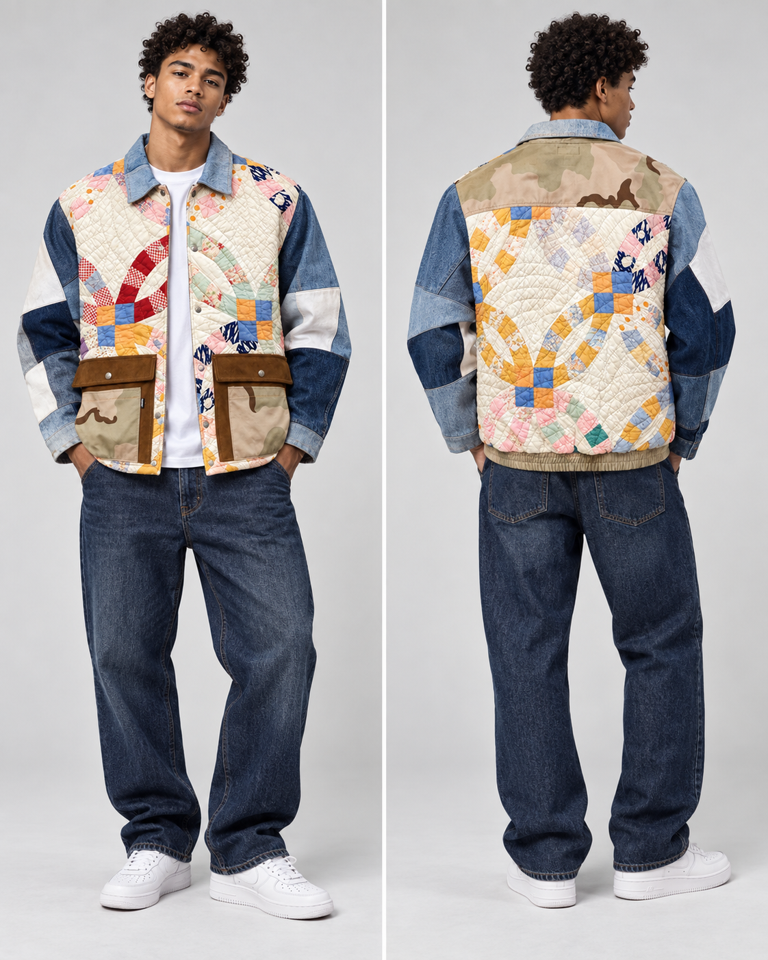 A model shown from the front and back wearing a unique patchwork quilted jacket with blue denim sleeves, styled with dark blue jeans and white sneakers against a light gray studio background.