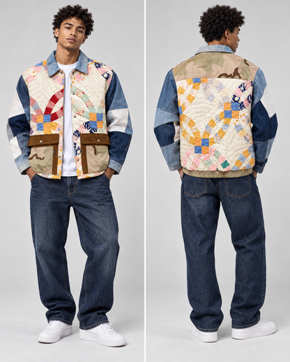 A model shown from the front and back wearing a unique patchwork quilted jacket with blue denim sleeves, styled with dark blue jeans and white sneakers against a light gray studio background.