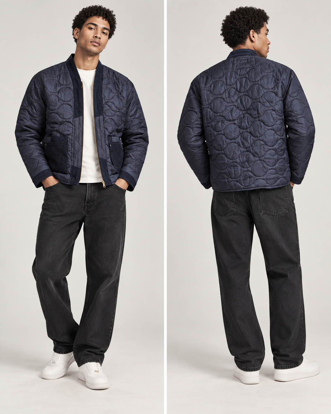A male model shown in a split front and back view wearing a navy blue quilted bomber jacket, dark gray jeans, and white sneakers against a light gray studio background.