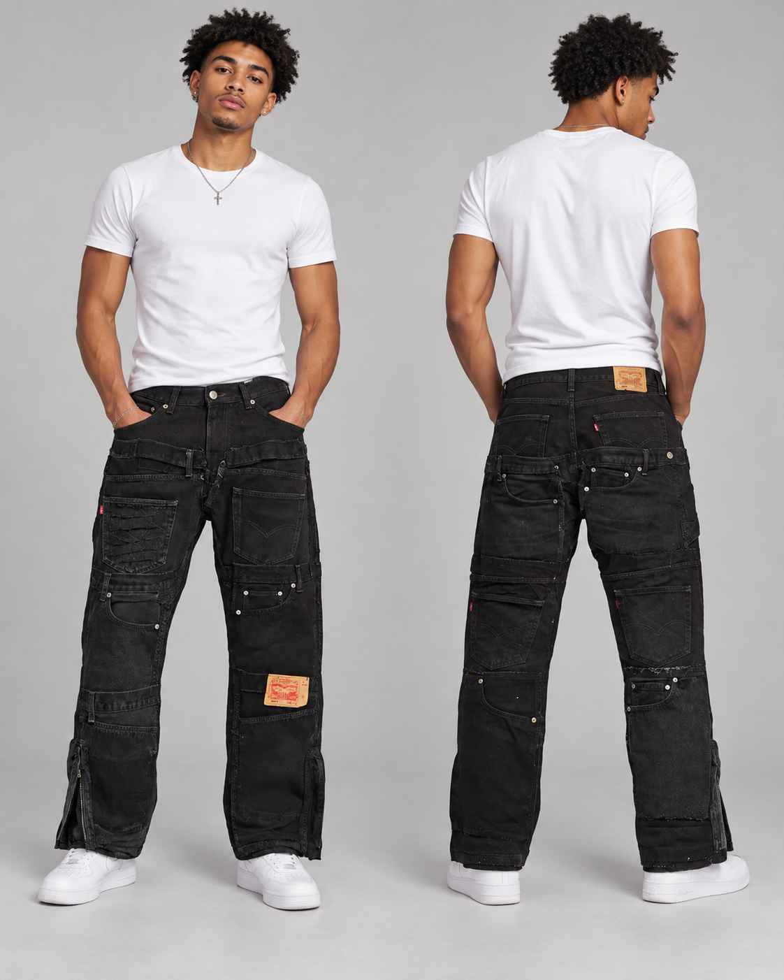 A model shown from the front and back wearing black cargo-style jeans with a white t-shirt and white sneakers, photographed against a light gray studio background.