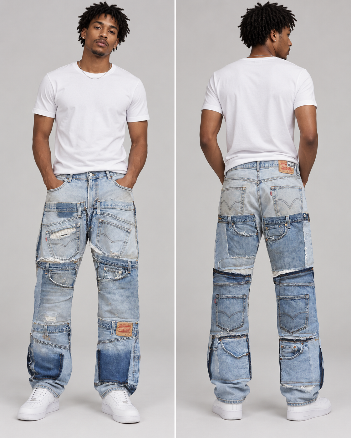 A model shown from the front and back wearing a pair of wide-leg, patchwork-style light blue denim jeans with distressed details and white t-shirts and sneakers, against a neutral gray background.
