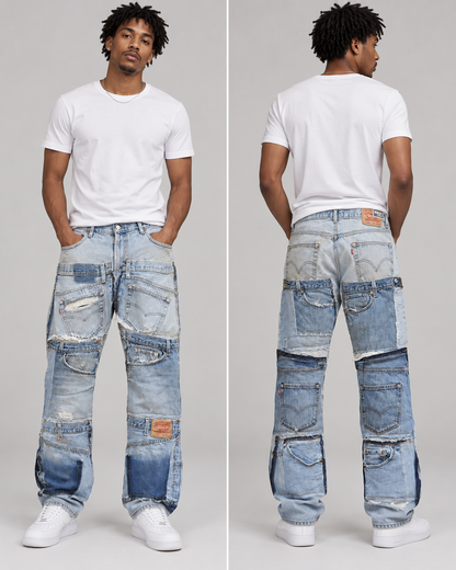 A model shown from the front and back wearing a pair of wide-leg, patchwork-style light blue denim jeans with distressed details and white t-shirts and sneakers, against a neutral gray background.
