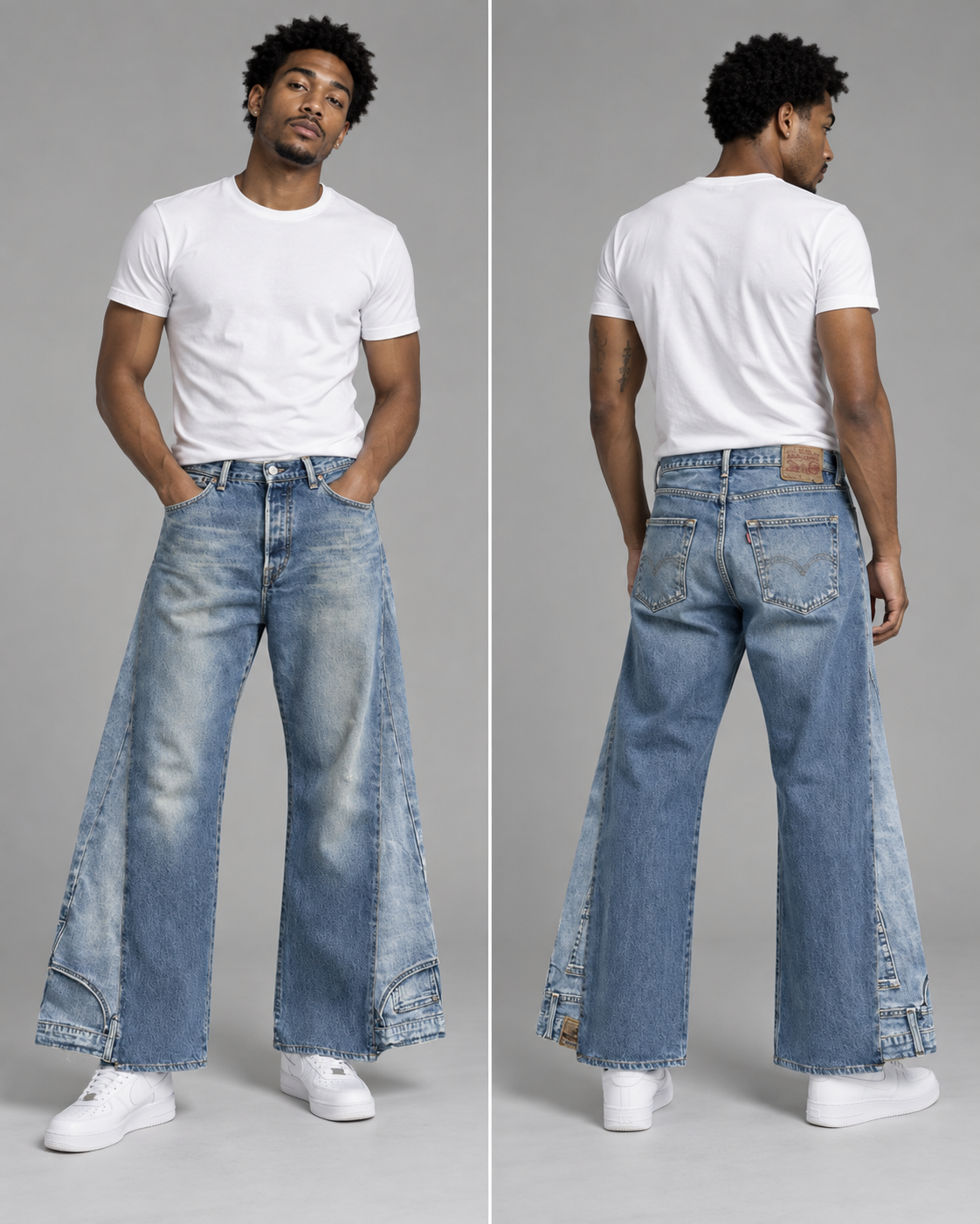A model shown in front and back views wearing light-wash blue wide-leg jeans with a faded wash, styled with a plain white t-shirt and white sneakers against a neutral gray studio background.