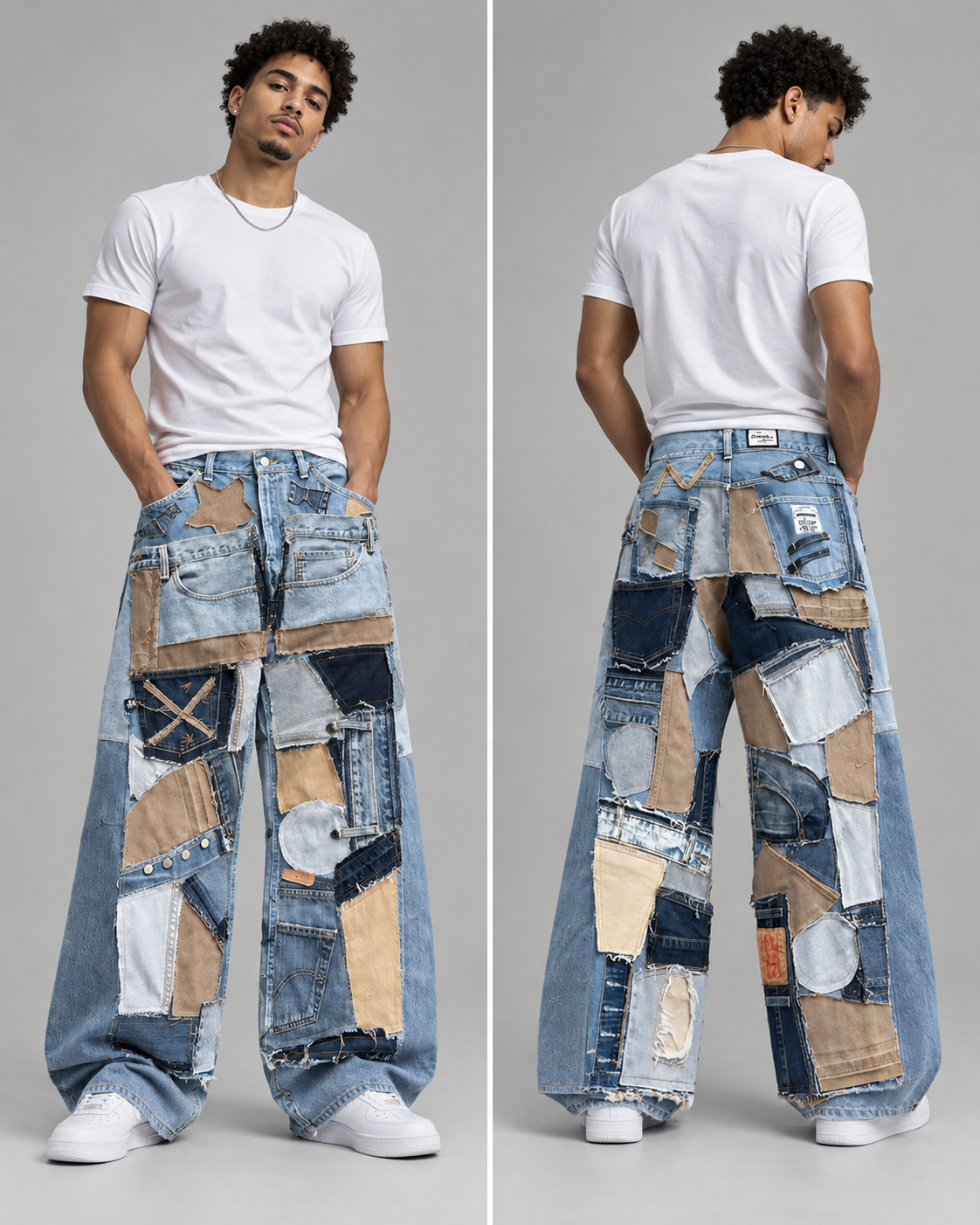 A model shown from the front and back wearing wide-leg patchwork denim pants made from various blue and beige denim fabrics, styled with a white t-shirt and white sneakers against a neutral gray background.
