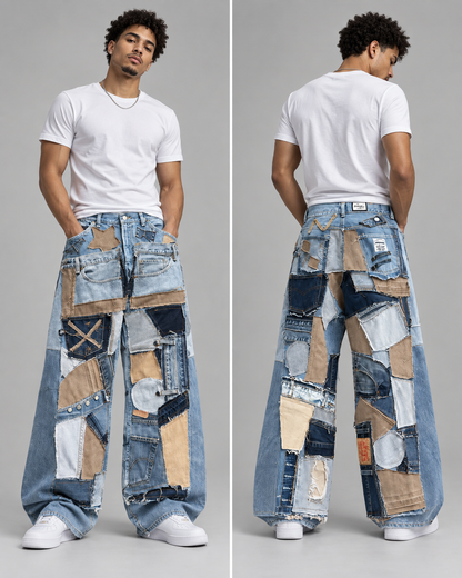 A model shown from the front and back wearing wide-leg patchwork denim pants made from various blue and beige denim fabrics, styled with a white t-shirt and white sneakers against a neutral gray background.