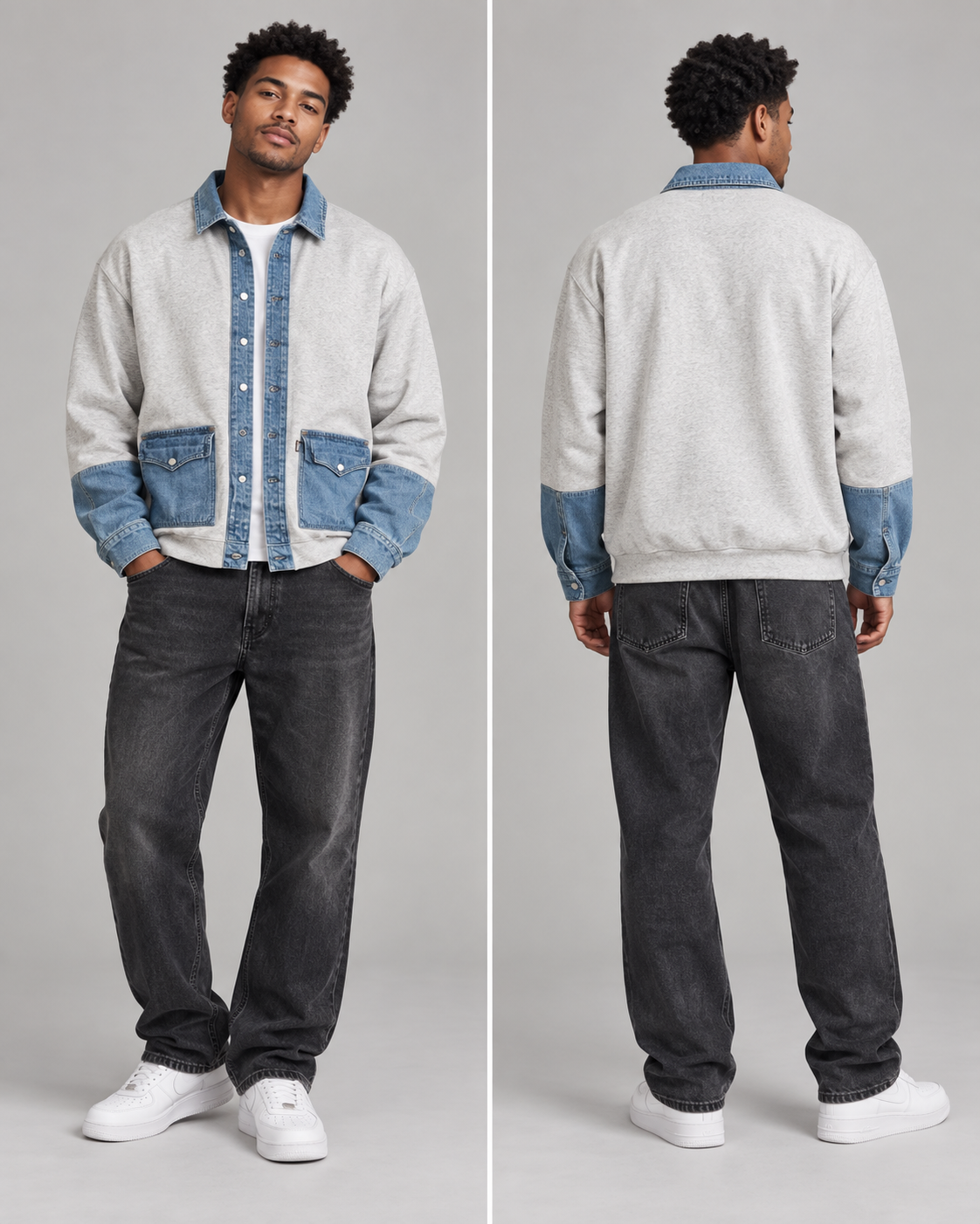 A male model shown from the front and back wearing a light gray heathered button-up overshirt with blue denim trim, pocket flaps, and cuffs, paired with dark gray jeans and white sneakers, against a light gray studio background.