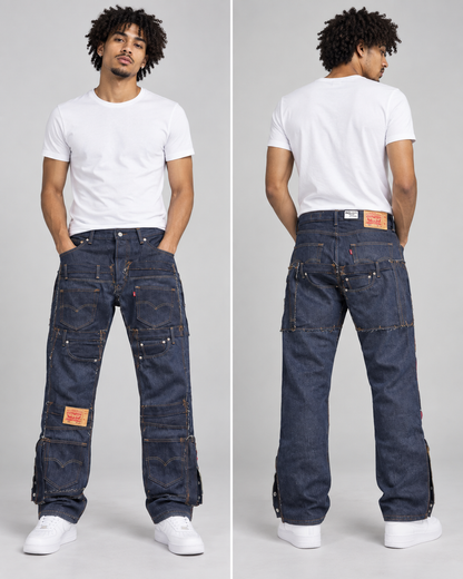 A model shown in front and back views wearing dark blue Levi's cargo jeans with multiple utility pockets, a white t-shirt, and white sneakers against a light gray background.