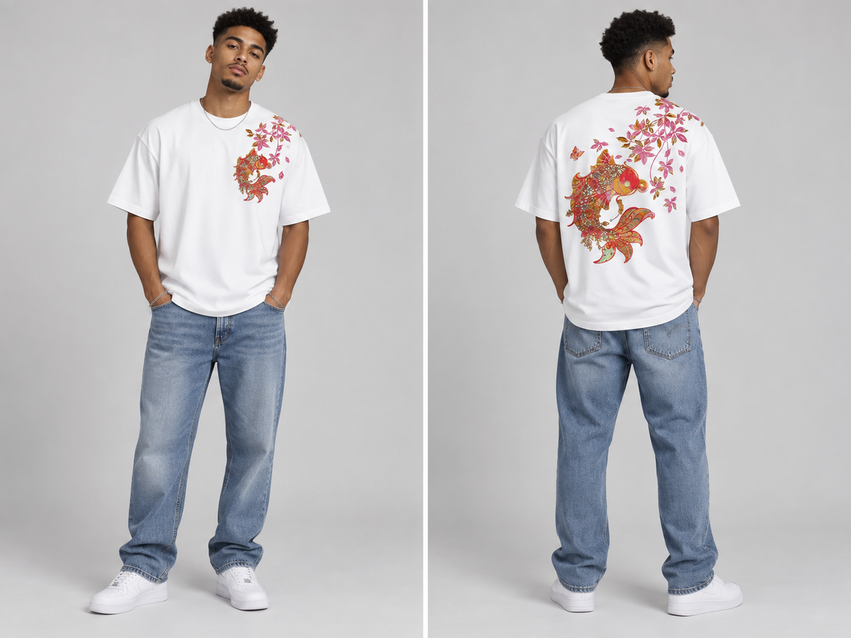 A model shown from the front and back wearing a white graphic t-shirt with a red and orange koi fish design and pink cherry blossoms, paired with blue jeans and white sneakers, against a light gray studio background.