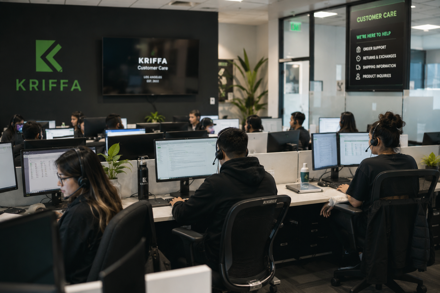 Customer care center with employees working at desks, wearing headsets, and using computers. KRIFFA logo visible.