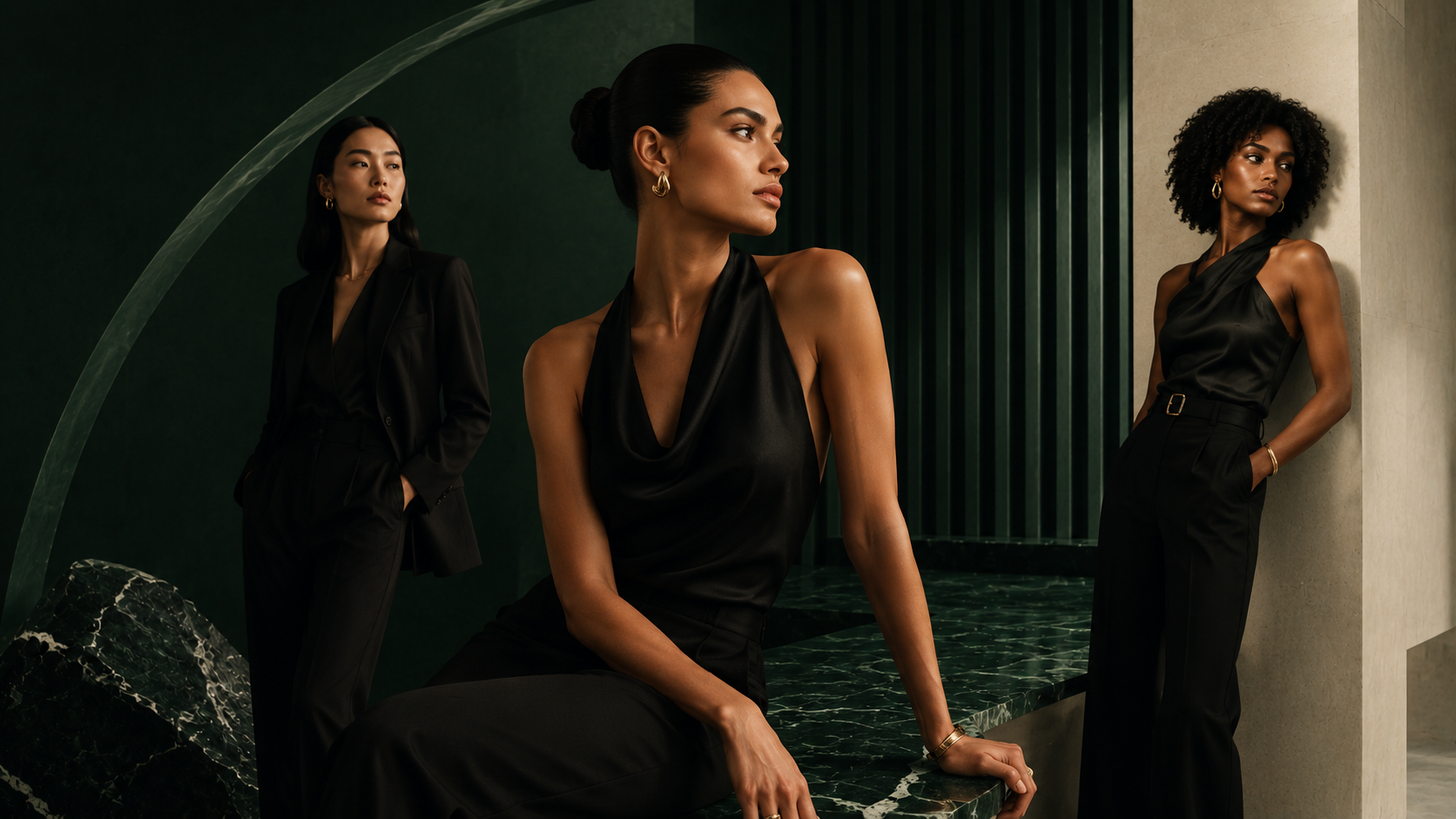 Three women in black outfits posing in a modern interior setting.