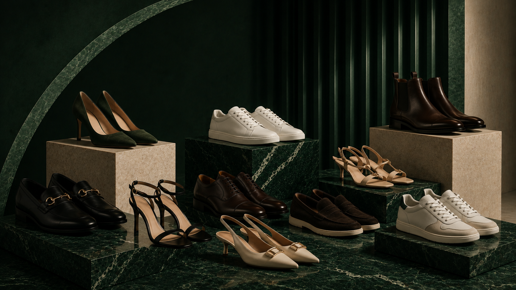 Display of various shoes including sneakers and high heels on a dark green background.