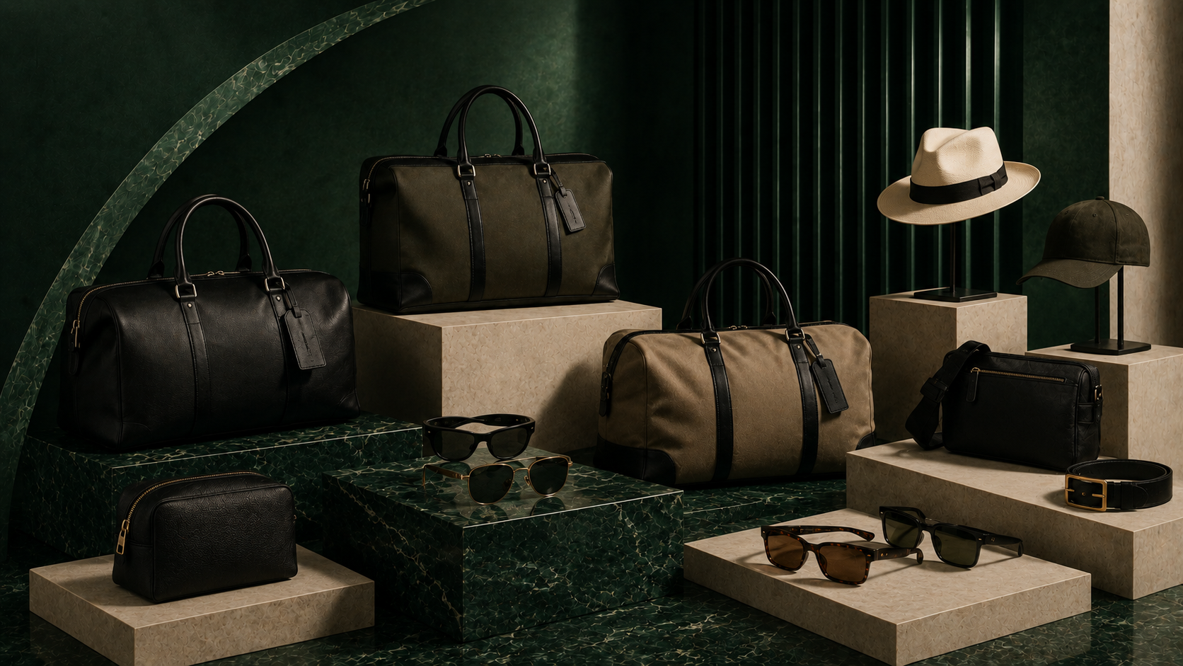 Collection of leather bags and accessories on a dark green marble surface with a neutral background.
