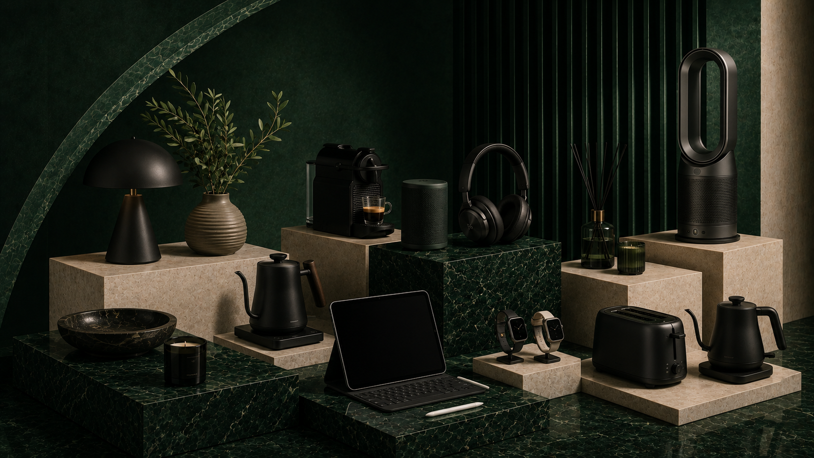 Dark-themed product display with various items including a laptop, headphones, and decorative objects.