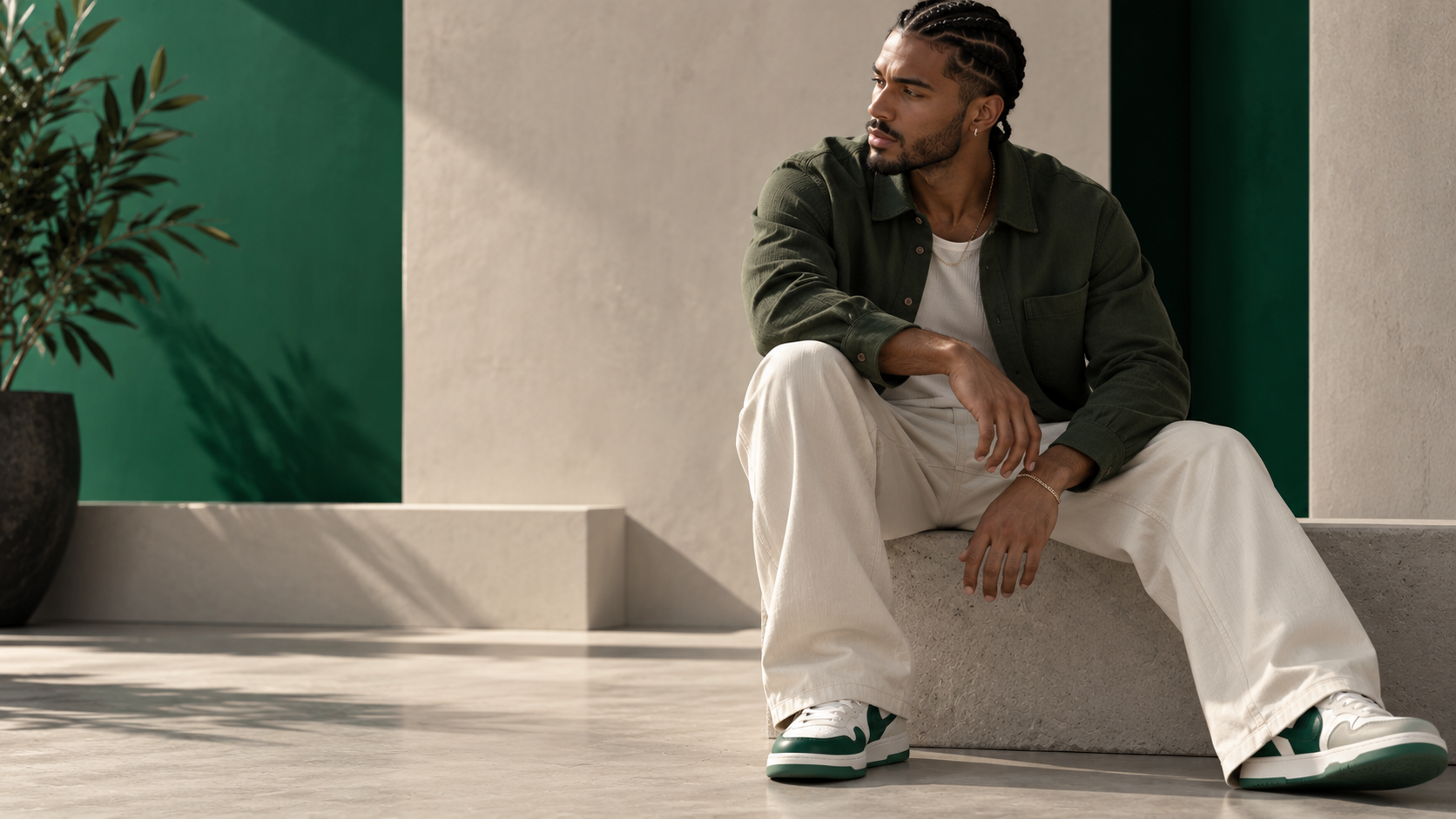 A man sits on a concrete ledge wearing a dark olive green overshirt, white t-shirt, white trousers, and green and white sneakers, set against a modern background with green and beige walls.