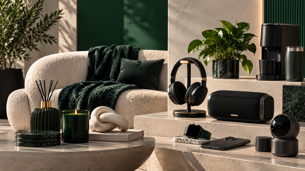 A styled interior scene with multiple home electronics and decor items arranged on stone steps and a sofa. Visible products include black over-ear headphones on a stand, a black portable speaker, a black smart speaker or camera-like device, a black coffee maker, and a black cylindrical accessory, alongside candles, plants, pillows, and a cream bouclé sofa in a modern living-room setting.