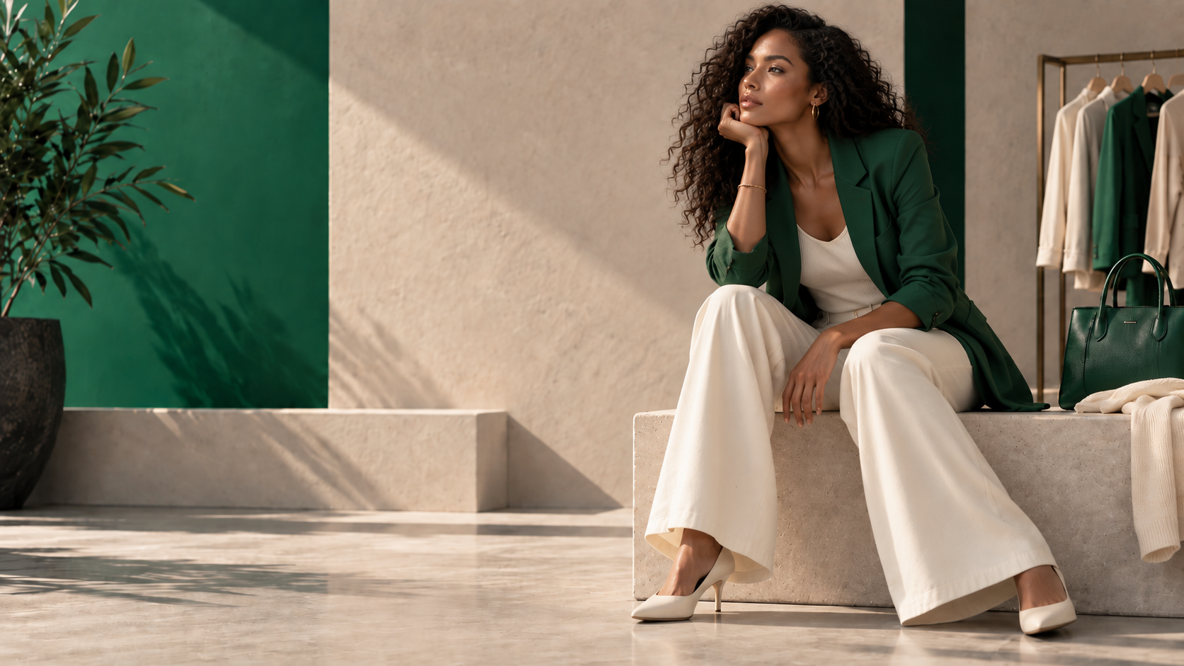 A woman with curly hair sits on a stone bench in a modern boutique setting, wearing a dark green blazer, white top, and wide-leg white trousers with white heels. A green handbag and clothing rack are visible in the background.