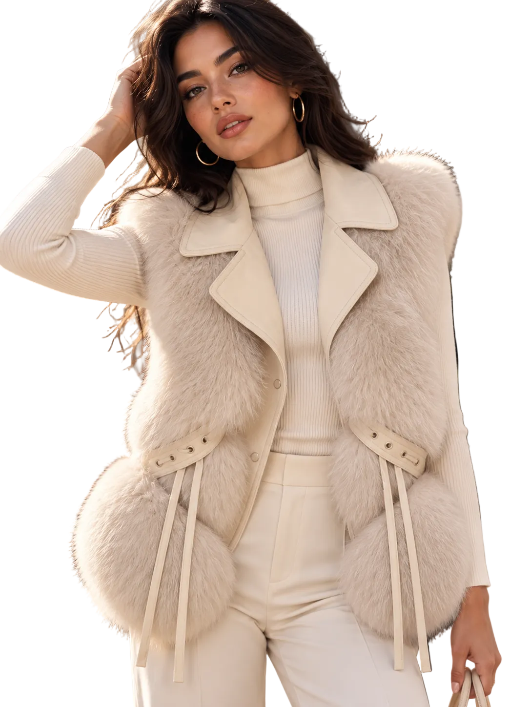 A woman wearing a cream faux fur vest over a matching cream ribbed turtleneck and cream pants, standing outdoors in front of a building.