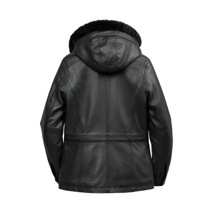 Everly Women's Black 3/4 Leather Coat with Detachable Hood
