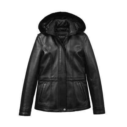 Everly Women's Black 3/4 Leather Coat with Detachable Hood