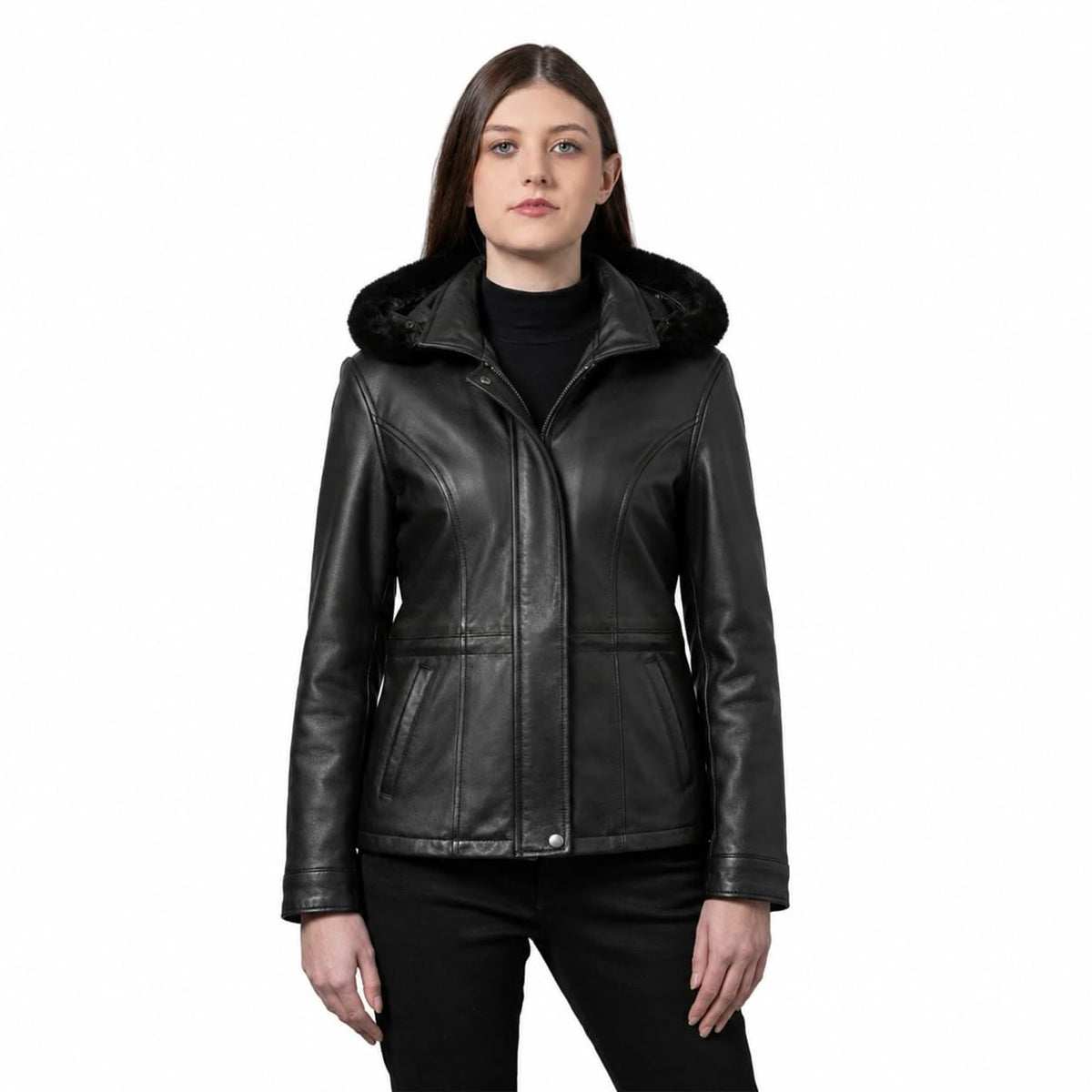 Everly Women's Black 3/4 Leather Coat with Detachable Hood