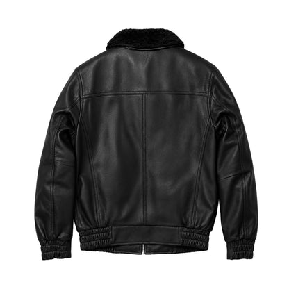 Men's black leather flight jacket back view with faux shearling collar | KRIFFA