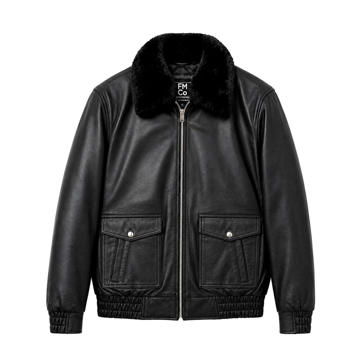 Men's black leather flight jacket front view with faux shearling collar | KRIFFA