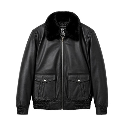 Men's black leather flight jacket front view with faux shearling collar | KRIFFA