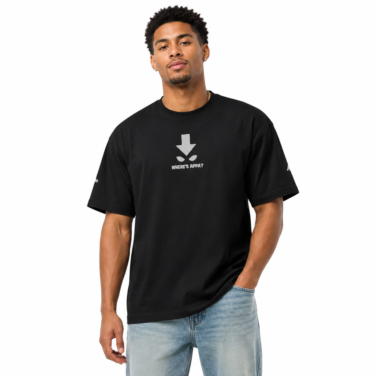 Man wearing a black t-shirt with a white graphic design on a white background