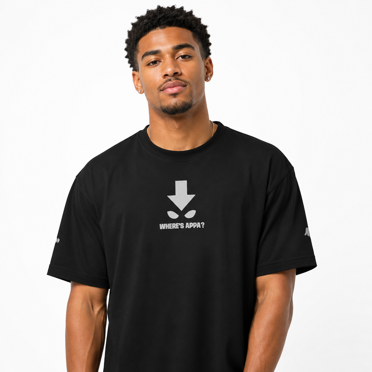 Man wearing a black t-shirt with a white graphic and text on a white background