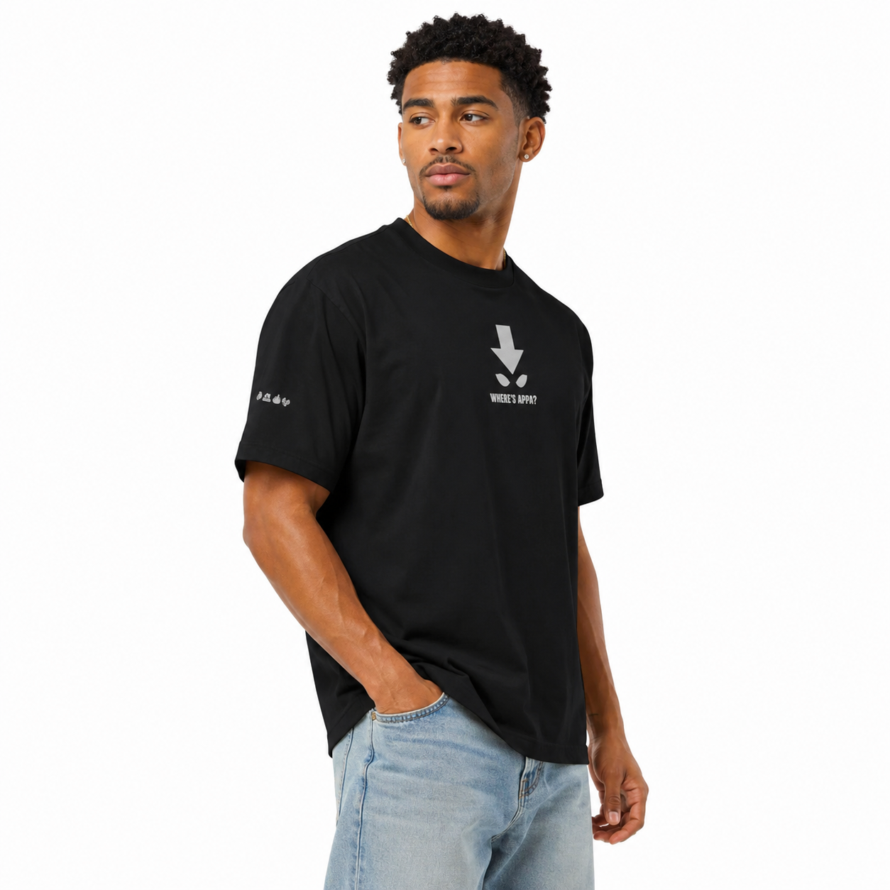Man wearing a black t-shirt with a logo on a white background